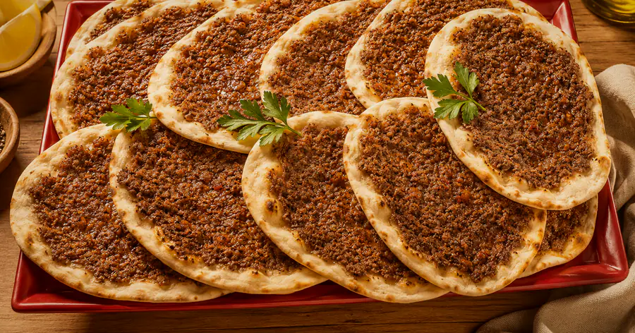 Freshly baked Syrian meat flatbreads from ALBAIT ALSHAMI RESTAURANG, arranged on the house tray.