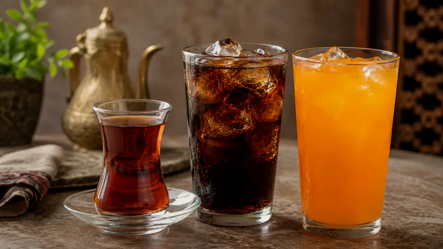 A glass of hot tea alongside chilled soft drinks.