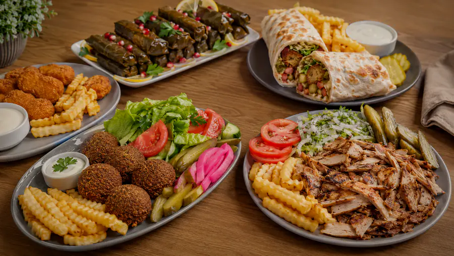 Yalanji, falafel, falafel plate and kebab plate with fries and fresh vegetables.