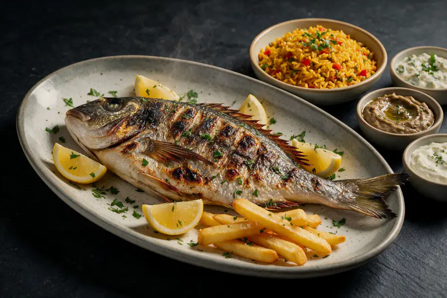 Whole grilled sea bream with lemon and herbs, served with golden rice, tartar sauce, aubergine cream and garlic sauce.