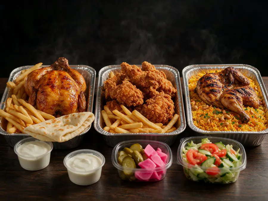 Three chicken dishes in takeaway trays: whole rotisserie chicken with fries and bread, broasted fried chicken with fries, and charcoal-grilled chicken on coloured seasoned rice — with garlic sauce, pickled vegetables and salad.