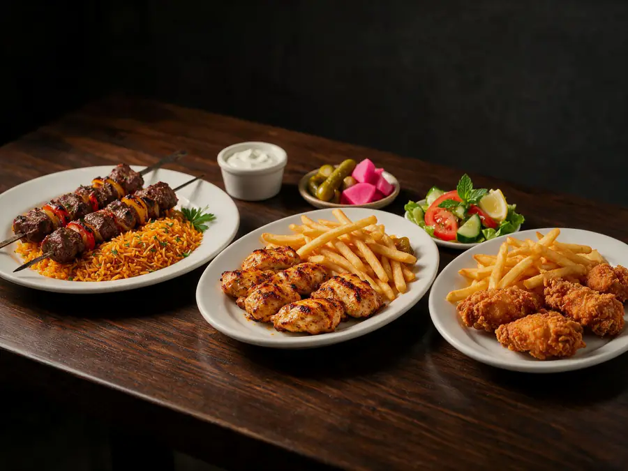 Three meal plates from ALBAIT ALSHAMI RESTAURANG: kebab with coloured seasoned rice, shish taouk with fries and crispy chicken with fries, with garlic sauce, pickles and salad.