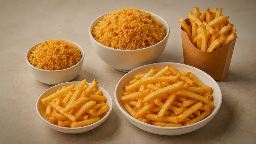Bowls of golden seasoned rice and freshly fried french fries.