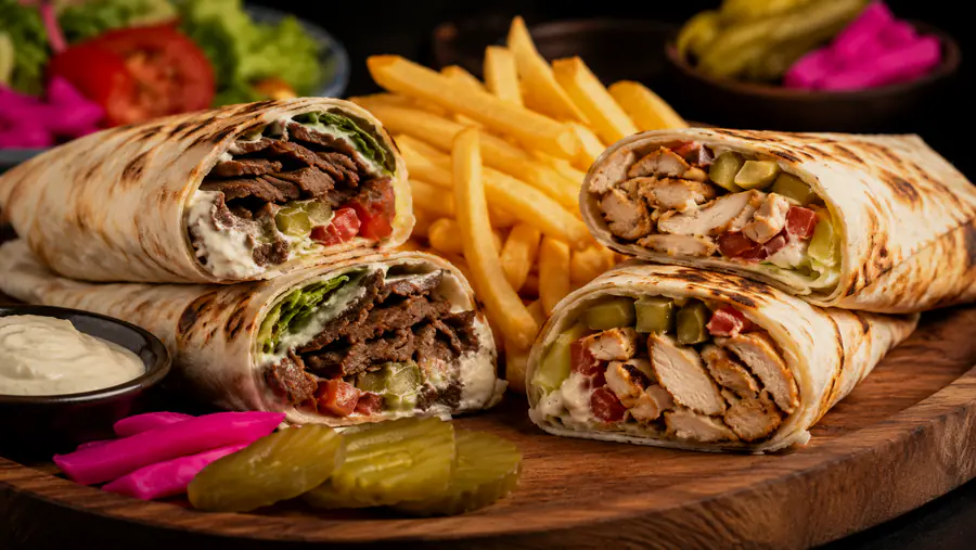 Syrian shawarma wraps cut in half, served with fries and pickled vegetables.
