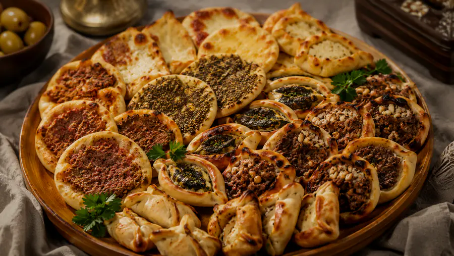 Platter of small Syrian fatayer and mini pastries with meat, cheese and zaatar.